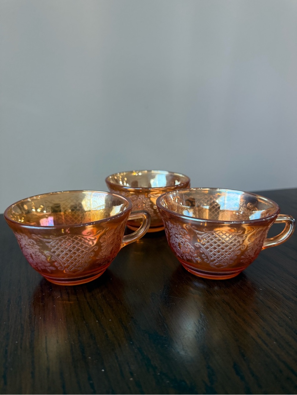 3 pc Vintage Federal Carnival Glass Normandie Bouquet Marigold Iridescent Cups